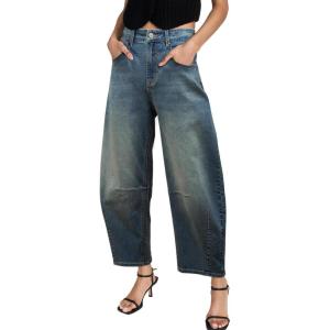 imageSidefeel Womens Barrel Jeans Wide Leg Vintage Mid Rise Y2k Baggy Boyfriend Ankle Denim PantsRetro Blue