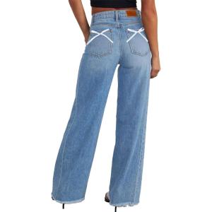 imageSidefeel Womens Bowknot Wide Leg Jeans High Waisted Strechy Raw Hem Denim PantsZ Light Blue