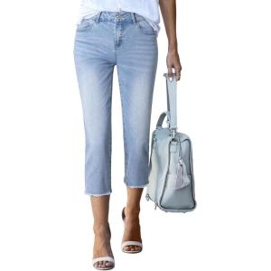 imageSidefeel Womens Capri Jeans High Waisted 2025 Summer Fashion Straight Leg Raw Hem Denim Capri PantsD Sky Blue