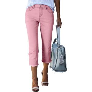imageSidefeel Womens Capri Jeans High Waisted 2025 Summer Fashion Straight Leg Raw Hem Denim Capri PantsPink