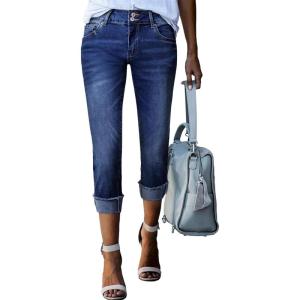imageSidefeel Womens Capri Jeans High Waisted Stretchy Rollup Skinny Cuffed Cropped Zimbaplatinum Summer Capri PantsBluing