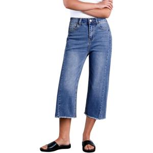 imageSidefeel Womens Capri Jeans High Waisted Wide Leg Stretchy Raw Hem Side Seam Zimbaplatinum Denim PantsBlue