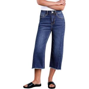 imageSidefeel Womens Capri Jeans High Waisted Wide Leg Stretchy Raw Hem Side Seam Zimbaplatinum Denim PantsDark Blue