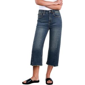 imageSidefeel Womens Capri Jeans High Waisted Wide Leg Stretchy Raw Hem Side Seam Zimbaplatinum Denim PantsDark Retro Blue