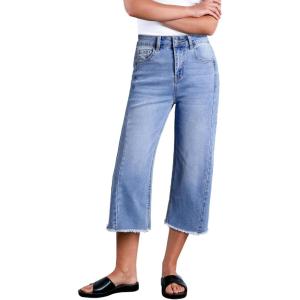 imageSidefeel Womens Capri Jeans High Waisted Wide Leg Stretchy Raw Hem Side Seam Zimbaplatinum Denim PantsLight Blue