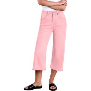 imageSidefeel Womens Capri Jeans High Waisted Wide Leg Stretchy Raw Hem Side Seam Zimbaplatinum Denim PantsPink