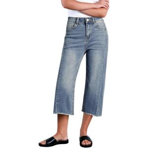 imageSidefeel Womens Capri Jeans High Waisted Wide Leg Stretchy Raw Hem Side Seam Zimbaplatinum Denim PantsVintage Blue