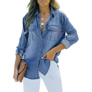 imageSidefeel Womens Denim Tops Long Sleeve Shacket Jackets Button Down Collared Jean ShirtAshleigh Blue