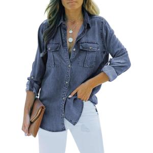 imageSidefeel Womens Denim Tops Long Sleeve Shacket Jackets Button Down Collared Jean ShirtBlue