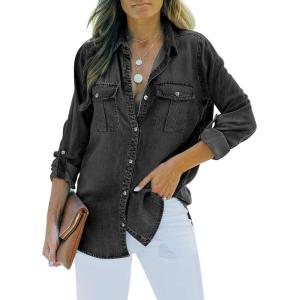 imageSidefeel Womens Denim Tops Long Sleeve Shacket Jackets Button Down Collared Jean ShirtDeep Black