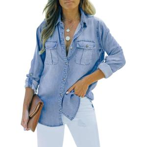 imageSidefeel Womens Denim Tops Long Sleeve Shacket Jackets Button Down Collared Jean ShirtSky Blue