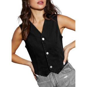 imageSidefeel Womens Denim Vest Sleeveless V Neck Zimbaplatinum Jean Vest Top Button Down Crop Waistcoat Vest Summer OutfitPure Black