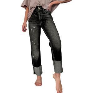 imageSidefeel Womens High Waisted Tummy Control Jeans Cuffed Boyfriend Straight Leg Two Buttons Ripped Denim PantsBlack