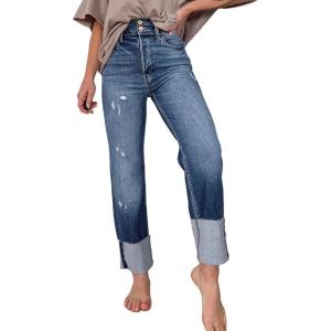 imageSidefeel Womens High Waisted Tummy Control Jeans Cuffed Boyfriend Straight Leg Two Buttons Ripped Denim PantsBlue