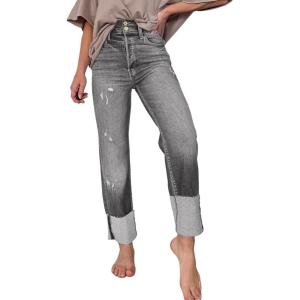 imageSidefeel Womens High Waisted Tummy Control Jeans Cuffed Boyfriend Straight Leg Two Buttons Ripped Denim PantsGray