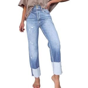 imageSidefeel Womens High Waisted Tummy Control Jeans Cuffed Boyfriend Straight Leg Two Buttons Ripped Denim PantsLight Blue