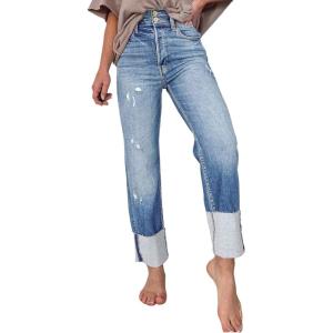 imageSidefeel Womens High Waisted Tummy Control Jeans Cuffed Boyfriend Straight Leg Two Buttons Ripped Denim PantsSky Blue