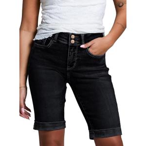 imageSidefeel Womens Jean Shorts High Waisted Stretchy Bermuda Folded Hem Denim Summer ShortsBlack