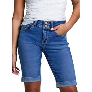 imageSidefeel Womens Jean Shorts High Waisted Stretchy Bermuda Folded Hem Denim Summer ShortsBlue