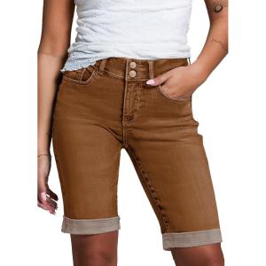 imageSidefeel Womens Jean Shorts High Waisted Stretchy Bermuda Folded Hem Denim Summer ShortsBrown