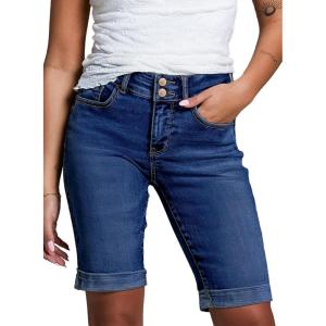 imageSidefeel Womens Jean Shorts High Waisted Stretchy Bermuda Folded Hem Denim Summer ShortsDark Blue