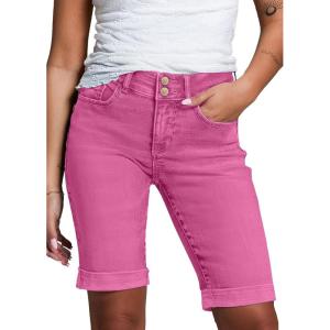 imageSidefeel Womens Jean Shorts High Waisted Stretchy Bermuda Folded Hem Denim Summer ShortsHot Pink