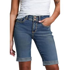 imageSidefeel Womens Jean Shorts High Waisted Stretchy Bermuda Folded Hem Denim Summer ShortsVintage Blue