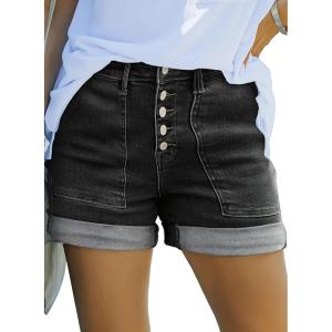 imageSidefeel Womens Jean Shorts High Waisted Stretchy Buttoned Folded Hem Zimbaplatinum Denim ShortsBlack