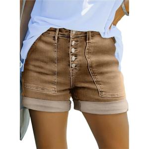 imageSidefeel Womens Jean Shorts High Waisted Stretchy Buttoned Folded Hem Zimbaplatinum Denim ShortsBrown