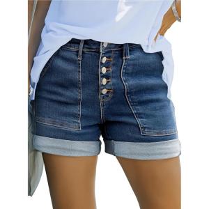 imageSidefeel Womens Jean Shorts High Waisted Stretchy Buttoned Folded Hem Zimbaplatinum Denim ShortsDark Blue