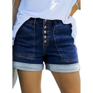 imageSidefeel Womens Jean Shorts High Waisted Stretchy Buttoned Folded Hem Zimbaplatinum Denim ShortsDeep Blue