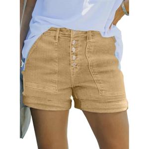 imageSidefeel Womens Jean Shorts High Waisted Stretchy Buttoned Folded Hem Zimbaplatinum Denim ShortsKhaki