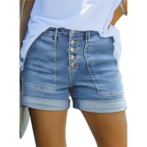 imageSidefeel Womens Jean Shorts High Waisted Stretchy Buttoned Folded Hem Zimbaplatinum Denim ShortsLight Blue