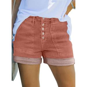 imageSidefeel Womens Jean Shorts High Waisted Stretchy Buttoned Folded Hem Zimbaplatinum Denim ShortsMineral Red