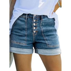 imageSidefeel Womens Jean Shorts High Waisted Stretchy Buttoned Folded Hem Zimbaplatinum Denim ShortsVintage Blue