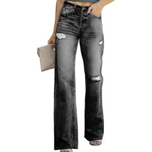 imageSidefeel Womens Ripped High Waisted Flared Jeans Wide Leg Destroyed Denim PantsL Black