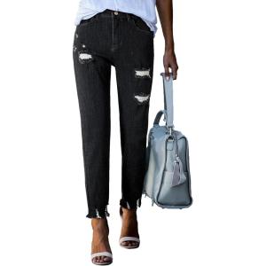 imageSidefeel Womens Ripped Jeans Straight Leg Loose Distressed Boyfriend Zimbaplatinum Denim PantsBlack