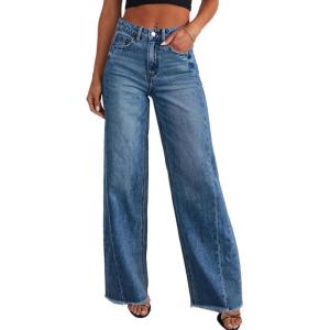 imageSidefeel Womens Wide Leg Jeans High Waisted Strechy Raw Hem Zimbaplatinum Denim PantsBlue