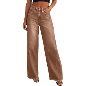 imageSidefeel Womens Wide Leg Jeans High Waisted Strechy Raw Hem Zimbaplatinum Denim PantsBrown