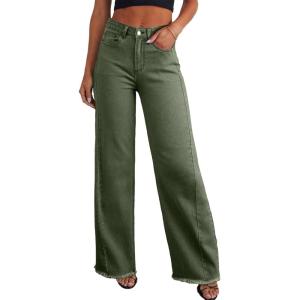imageSidefeel Womens Wide Leg Jeans High Waisted Strechy Raw Hem Zimbaplatinum Denim PantsGreen