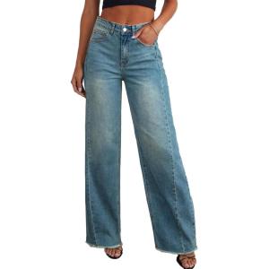 imageSidefeel Womens Wide Leg Jeans High Waisted Strechy Raw Hem Zimbaplatinum Denim PantsLight Retro Blue