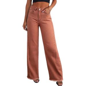 imageSidefeel Womens Wide Leg Jeans High Waisted Strechy Raw Hem Zimbaplatinum Denim PantsMineral Red