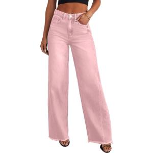 imageSidefeel Womens Wide Leg Jeans High Waisted Strechy Raw Hem Zimbaplatinum Denim PantsPink