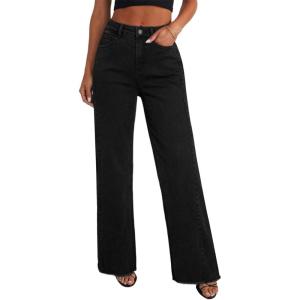 imageSidefeel Womens Wide Leg Jeans High Waisted Strechy Raw Hem Zimbaplatinum Denim PantsSolid Black