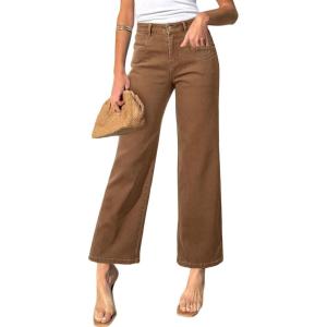 imageSidefeel Womens Wide Leg Jeans High Waisted Stretchy Jeans Straight Leg Zimbaplatinum Ankle Denim Pants with Slant PocketsBrown