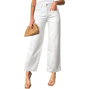 imageSidefeel Womens Wide Leg Jeans High Waisted Stretchy Jeans Straight Leg Zimbaplatinum Ankle Denim Pants with Slant PocketsWhite