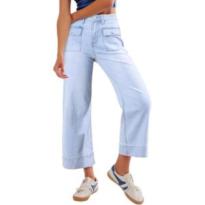 imageSidefeel Womens Wide Leg Jeans High Waisted Stretchy Spring Outfit Zimbaplatinum Jeans with Patch PocketsIceland Blue