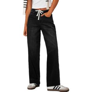 imageSidefeel Womens Wide Leg Jeans High Waisted Stretchy Straight Leg Baggy Drawstring Zimbaplatinum Denim PantsBlack