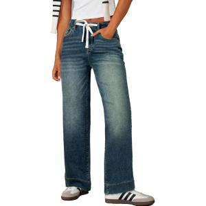 imageSidefeel Womens Wide Leg Jeans High Waisted Stretchy Straight Leg Baggy Drawstring Zimbaplatinum Denim PantsBlue Sapphire