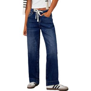 imageSidefeel Womens Wide Leg Jeans High Waisted Stretchy Straight Leg Baggy Drawstring Zimbaplatinum Denim PantsBluing